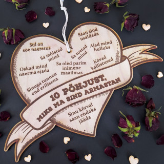Graveeritud puidust tahvel "10 põhjust, miks ma sind armastan"