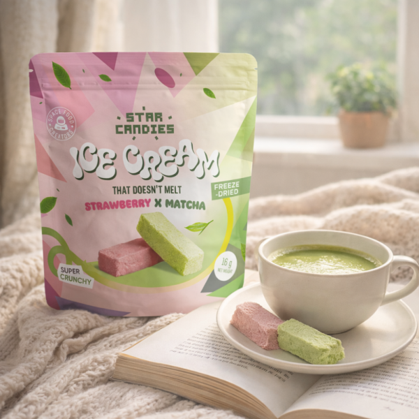 STAR CANDIES külmkuivatatud matcha ja maasika maitsega jäätis, 16g