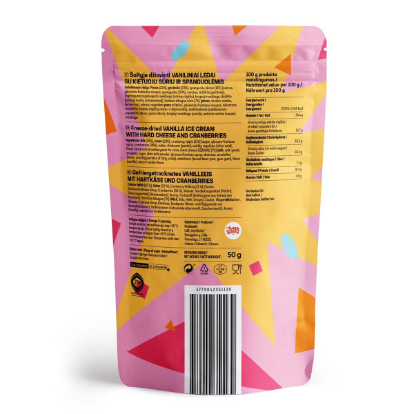 STAR CANDIES külmkuivatatud vanillijäätis kõva juustu ja jõhvikatega, 50g STAR CANDIES külmkuivatatud vanillijäätis kõva juustu ja jõhvikatega, 50g