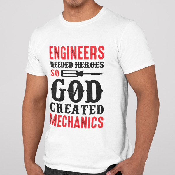 T-särk "God created mechanics"