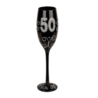 Must šampanjaklaas numbriga "50"