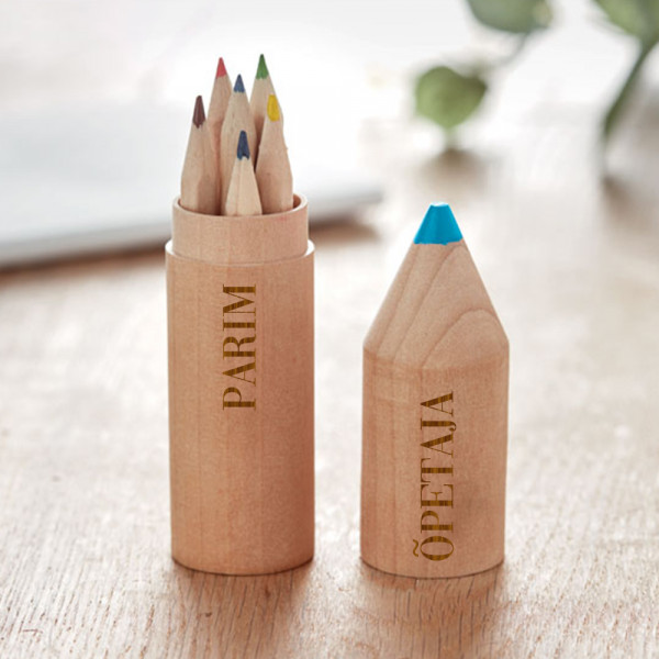 6 pliiatsi komplekt puidust karbis "Parim õpetaja"