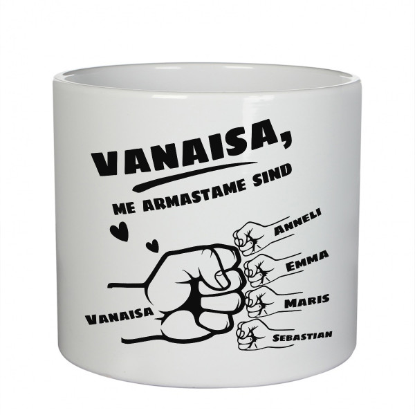 Keraamiline pott "Vanaisa ja vanaema" lapselaste nimedega