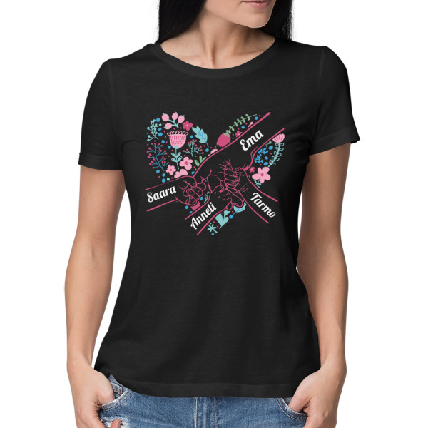 Naiste T-särk "Ema süda" valitud laste nimedega