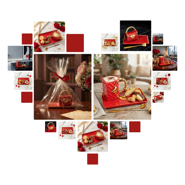 Tass "Käekott" alustassi ja südamekujulise lusikaga