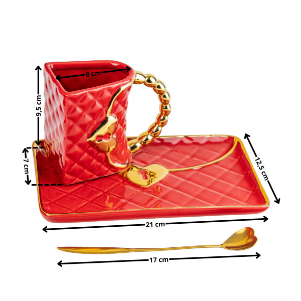 Tass "Käekott" alustassi ja südamekujulise lusikaga