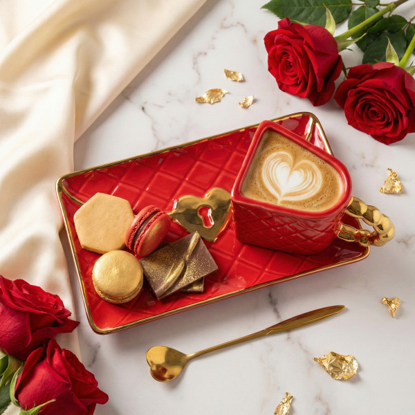 Tass "Käekott" alustassi ja südamekujulise lusikaga