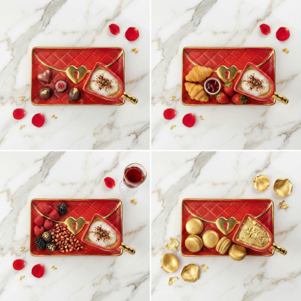 Tass "Käekott" alustassi ja südamekujulise lusikaga