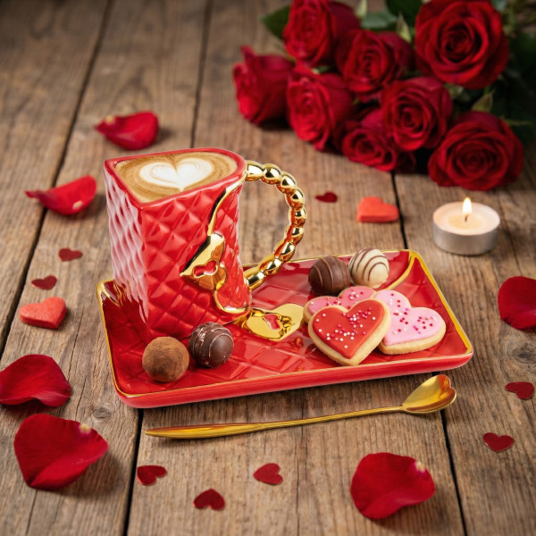 Tass "Käekott" alustassi ja südamekujulise lusikaga