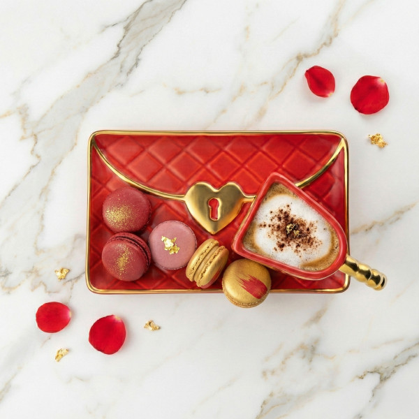 Tass "Käekott" alustassi ja südamekujulise lusikaga